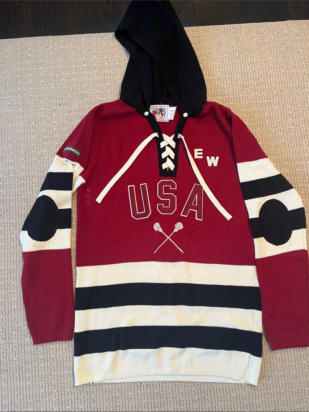 TDalton Sweater - USA Lace-Up Hooded Pullover Sweatshirt - Maroon, Black & White